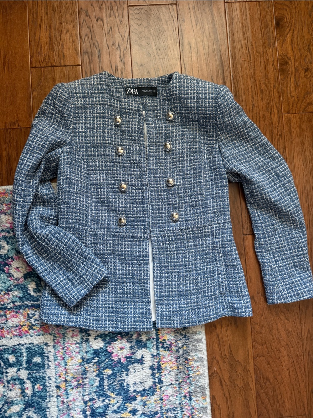 Zara Blue Tweed Double-Breasted Blazer with Metallic Buttons